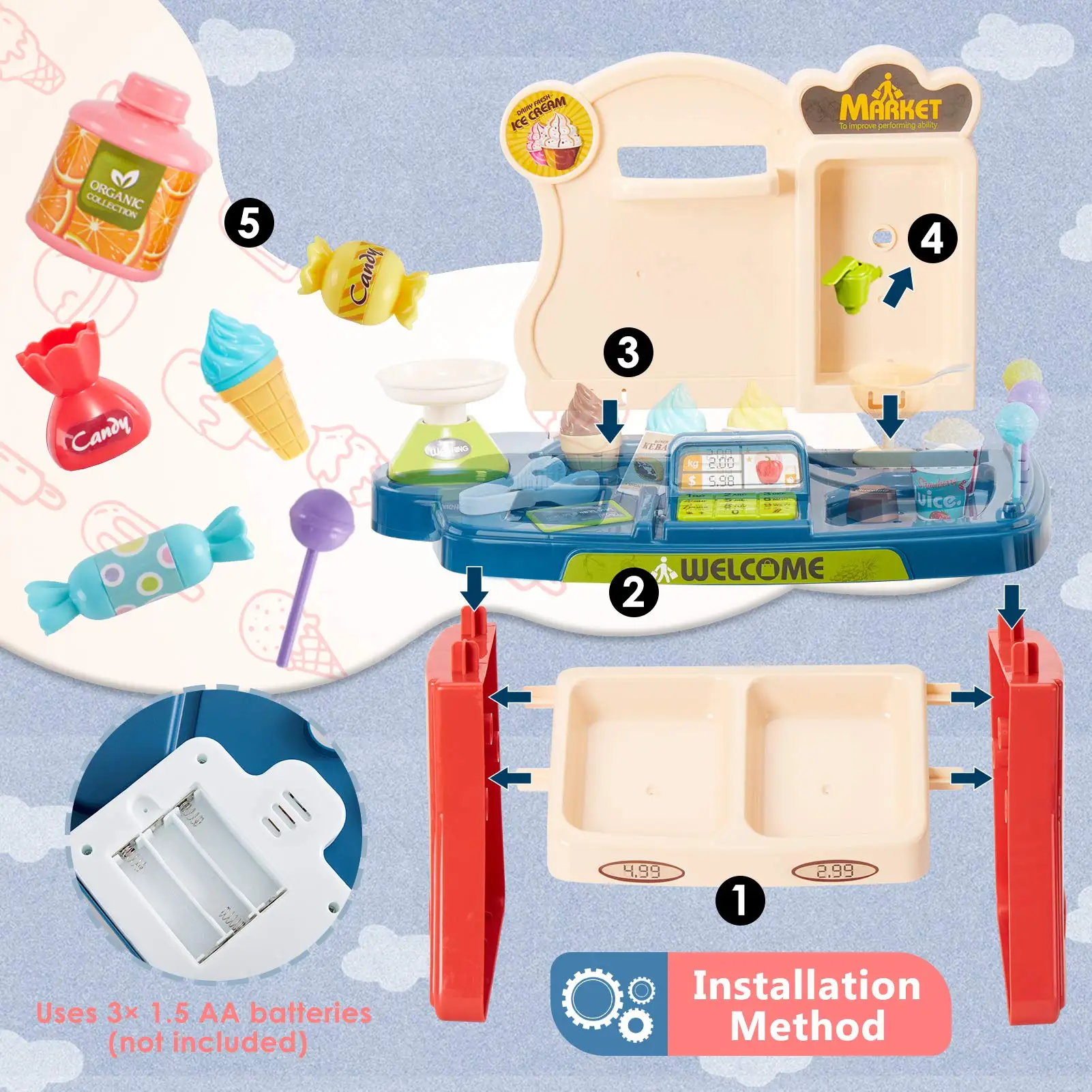2 in 1 슈퍼마켓 장난감 놀이 세트 (40개 구성품 포함) 유아용 장난감, 트롤리 포함, 식료품점 놀이, 조기 학습, 역할 놀이