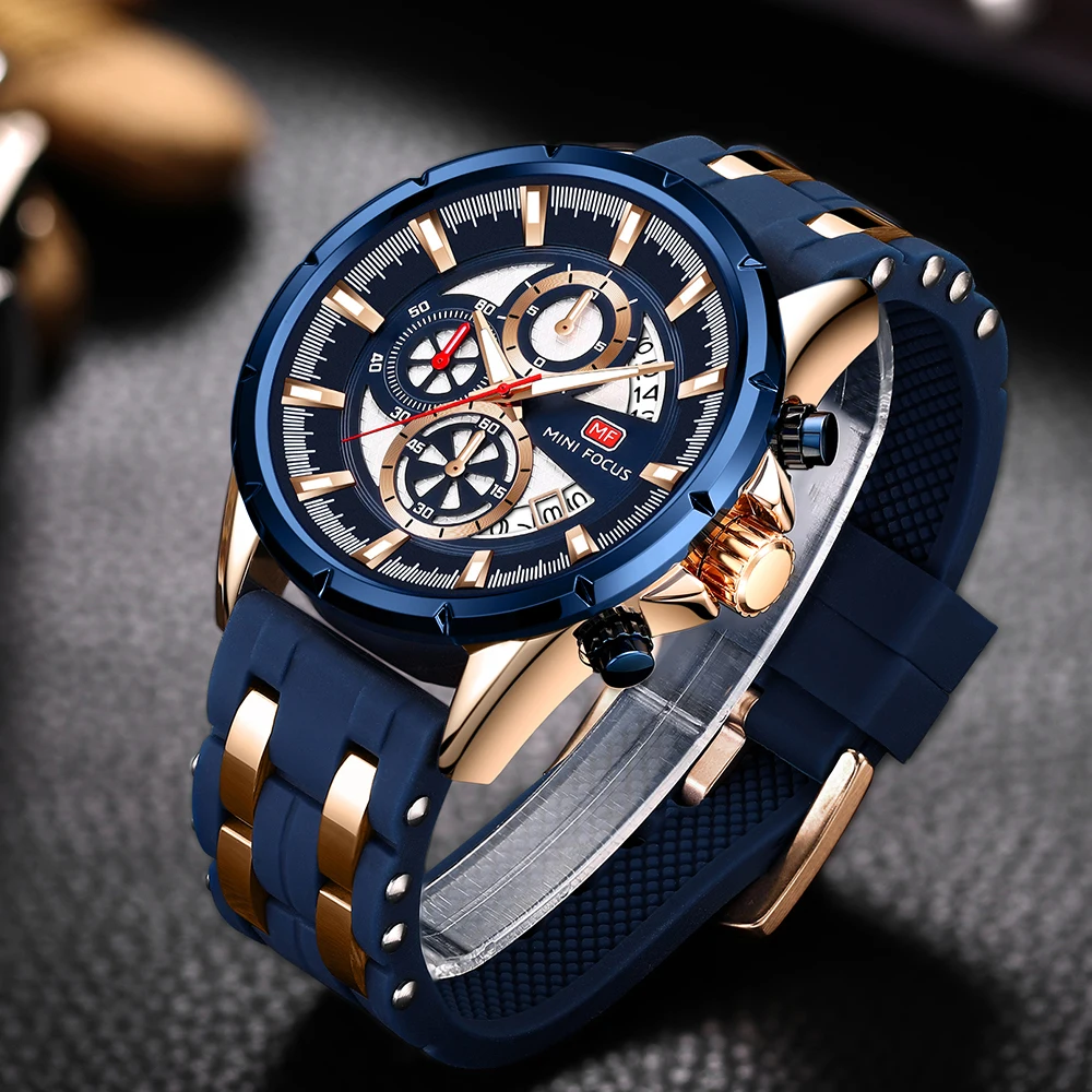 MINI FOCUS Mens Quartz Multifunction Watches Fashion Sports Chronograph Waterproof Silicone Band Casual Man Wrist Watch 0273G