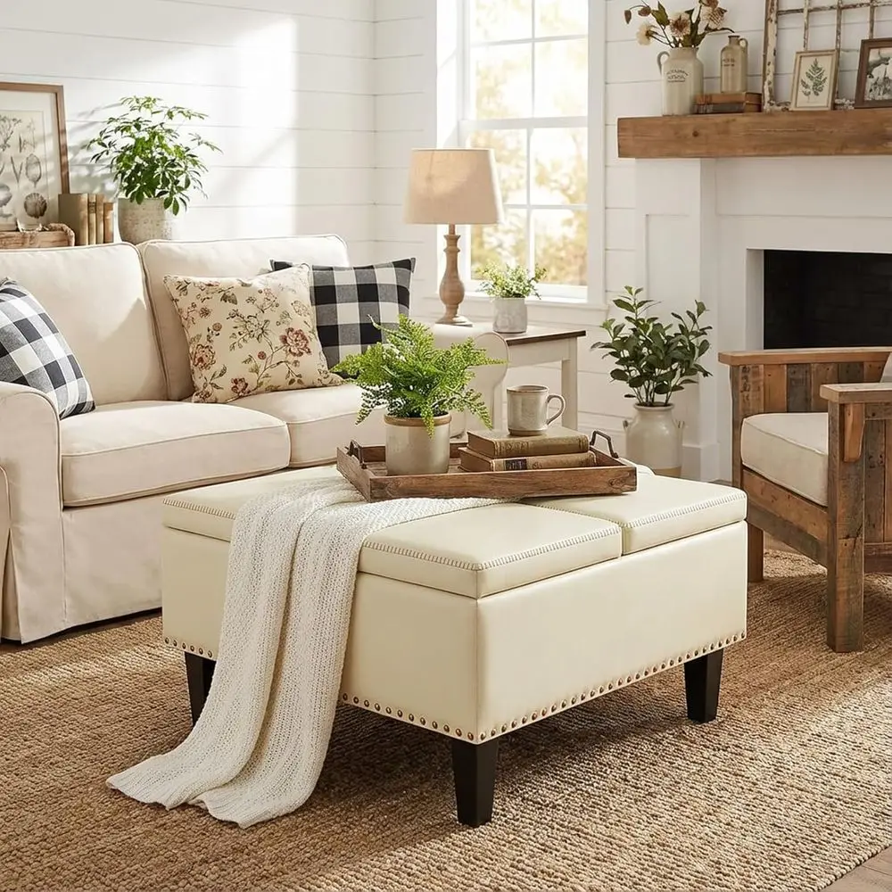 

Large White Leather Square Ottoman with Storage and Padded Cushion for Living Room