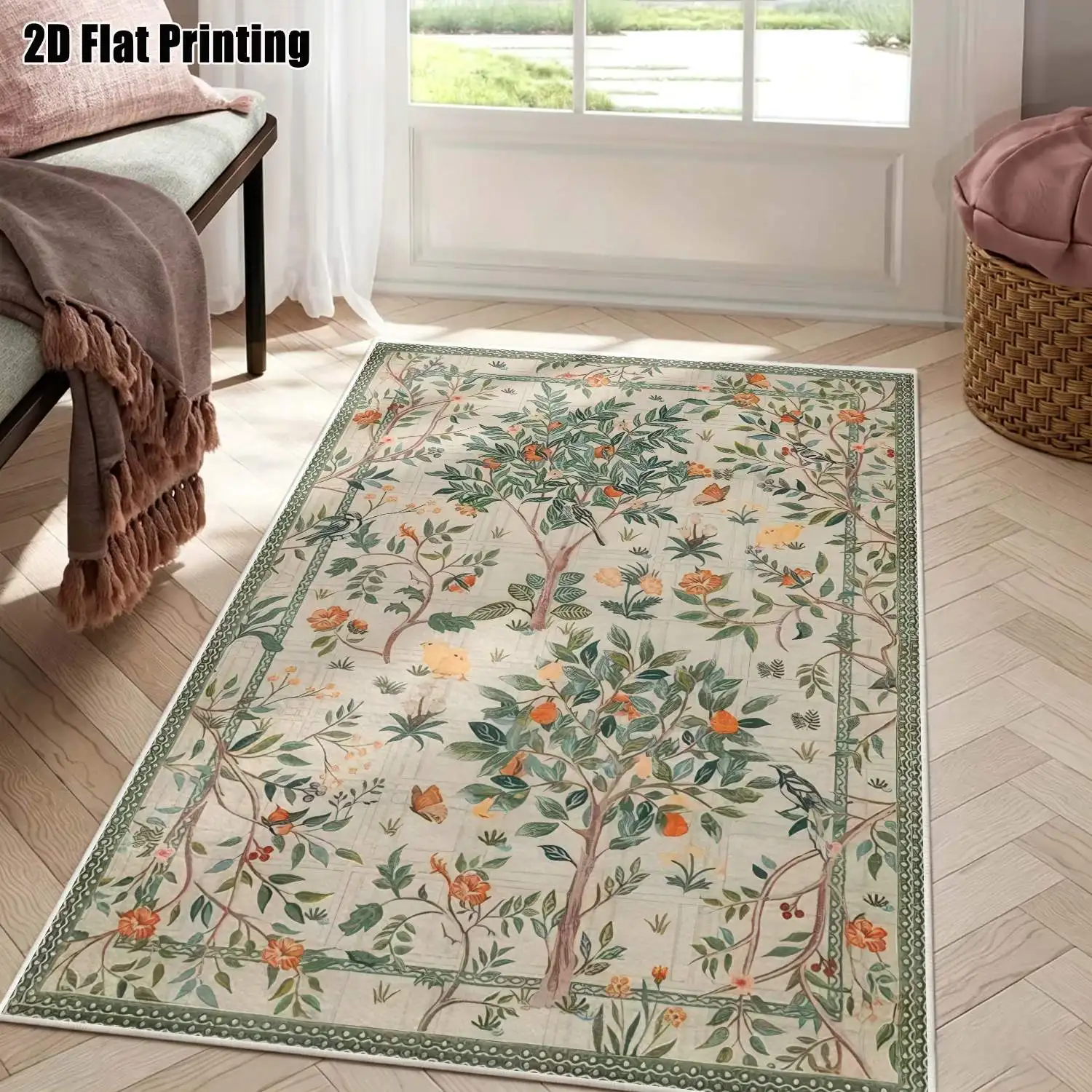 1Pc 2D Printed Carpet with Retro Flower, Bird, Leaf Patterns: Vintage, European-Style Floral Carpet for Home, Machine Washable, Multi-Size, Multi-Scene Use