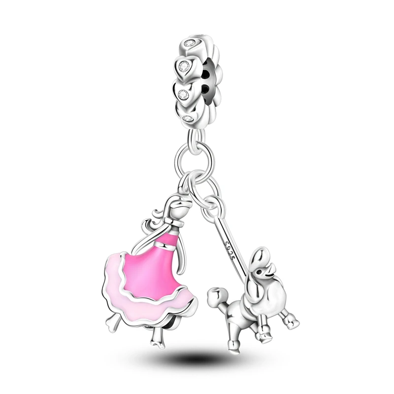 Fashionable 925 Sterling Silver Pink Princess Dress Barbie And Poodle Charm Fit DIY Bracelet Necklaces Women\'s Date Accessories