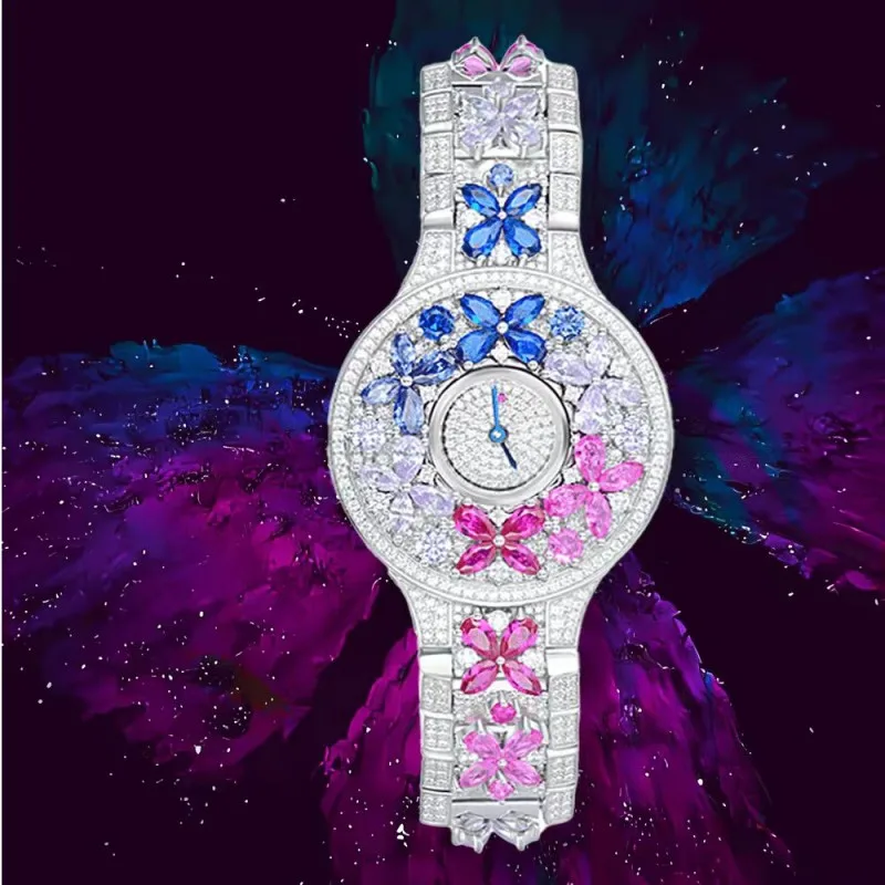 Luxury Brand Woman Watch Full Diamond  Colorful Stones Watches Ladies 925 Silver Brcalaet Elegant Montre Femme watch for women