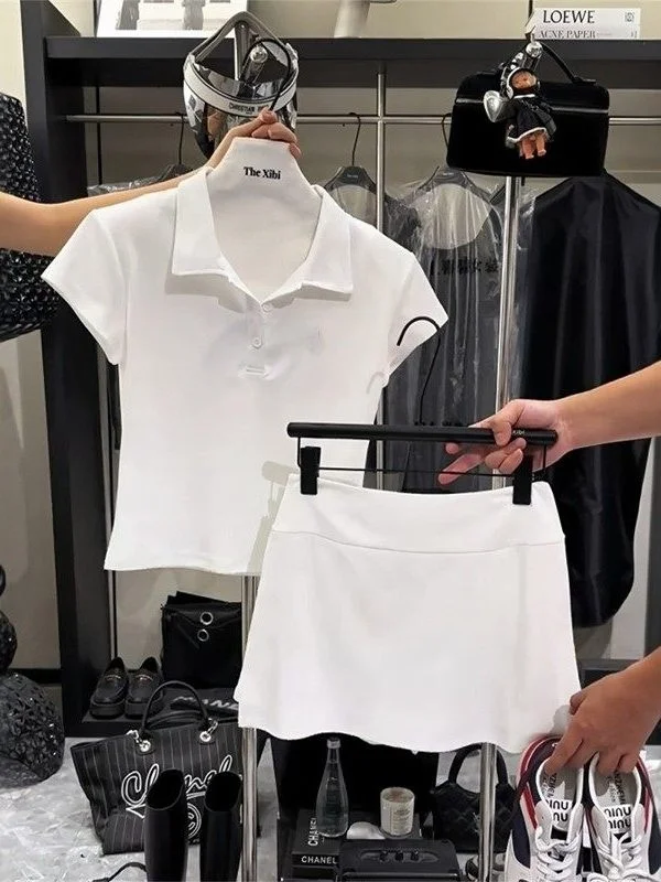 

Spicy Girl Casual Sports Set Women's Summer New Korean Style Anti-Aging Collar Short Sleeve T-Shirt Half Skirt Two-Piece...