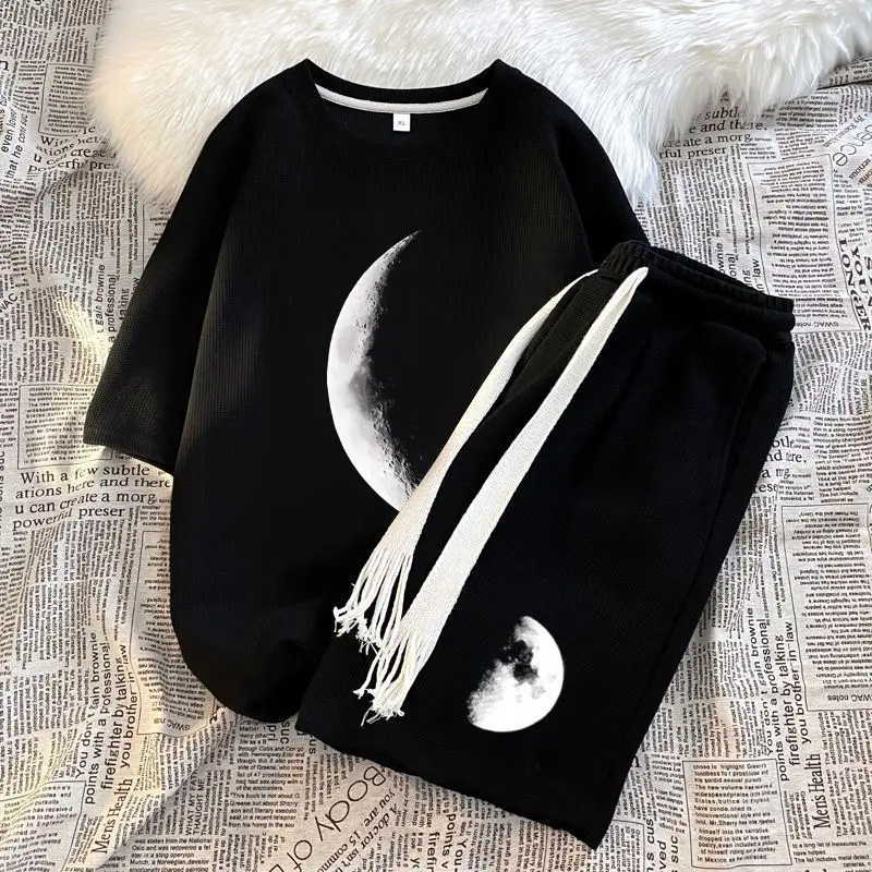 

Summer Versatile Casual Style Sports Suit Men and Women Couples Trend Loose Short-sleeved Wide-leg Pants Set Pure Cotton