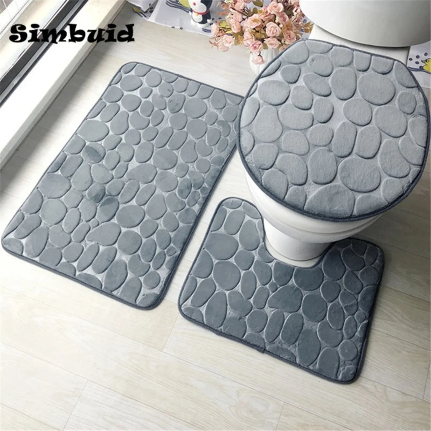 Set of 3 Bathroom Bath Mat Set Soft Non Slip 2PCS Cobblestone Mat Bathroom Rug Absorbent Shower Carpets Toilet Lid Cover Floor