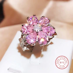 Exquisite Colorful Zircon 925 Silver Ring For Women Fashion Pink Flowers Women's Engagement Ring Party Jewelry Peach Ring