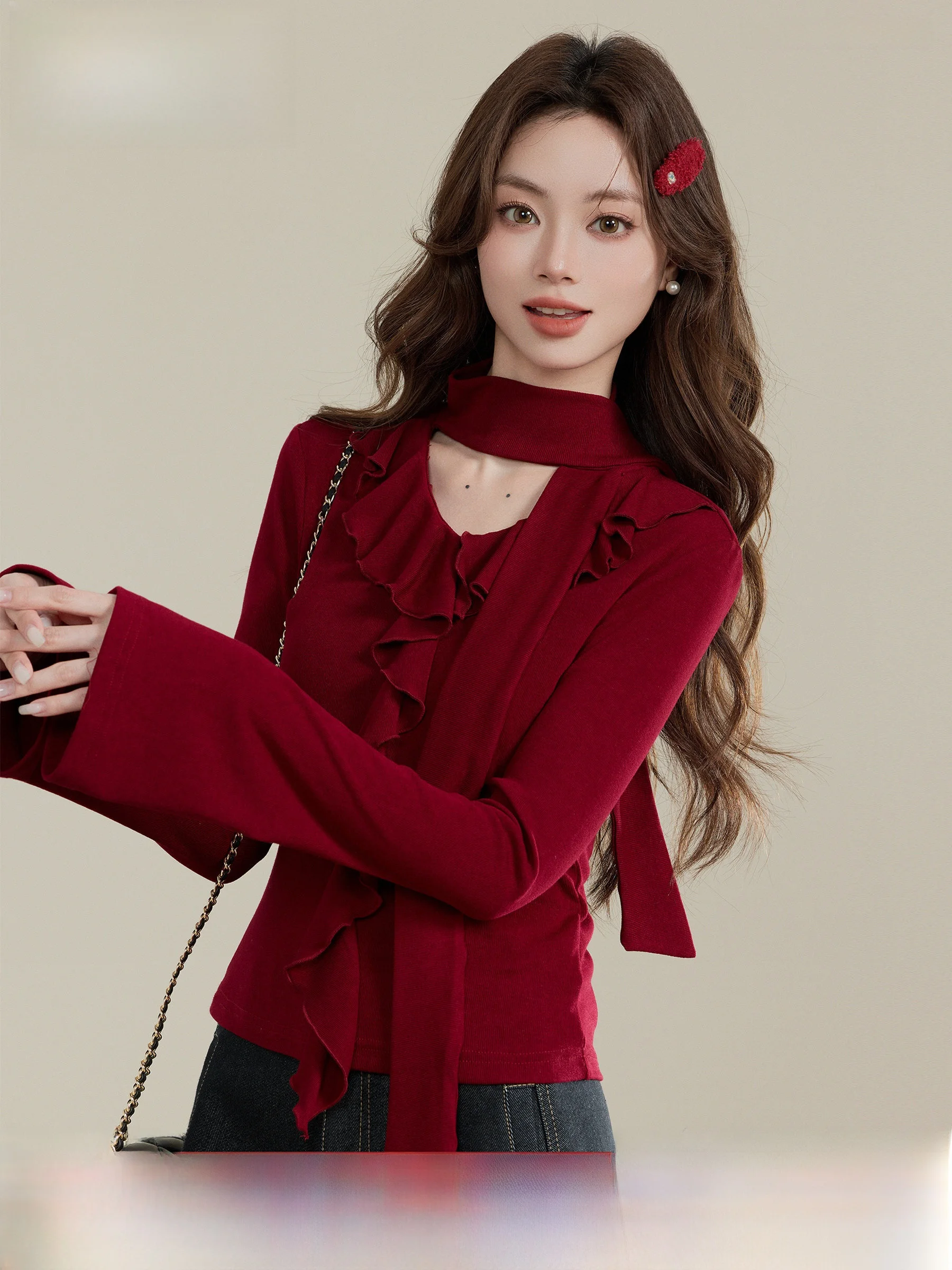 

Красный вязаный свитер женский, приталенный, асимметричный дизайн, повседневный, из смесового хлопка и полиэстера, с длинными рукавами, V-образный вырез, топ на Новый год