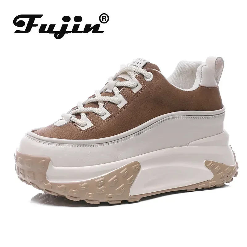 Fujin 7Cm krowa prawdziwej skóry jesień wiosna lato platforma klin ukryty obcas kobiece modne trampki Chunky damskie buty w stylu casual