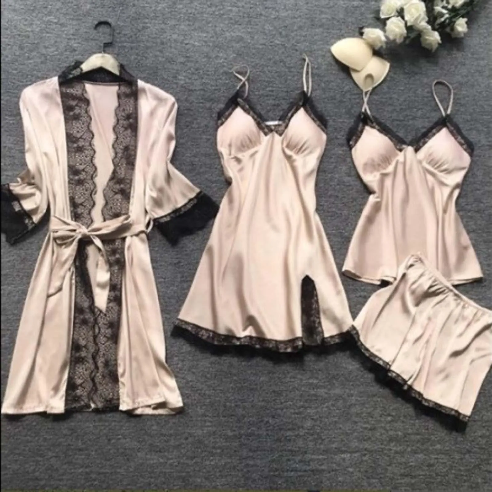 4pc/Set Satin Silk Women Lace Robe Dress Set Lingerie Sleepwear Set Pajamas Nightdress Women Homewear Clothes Night Gown