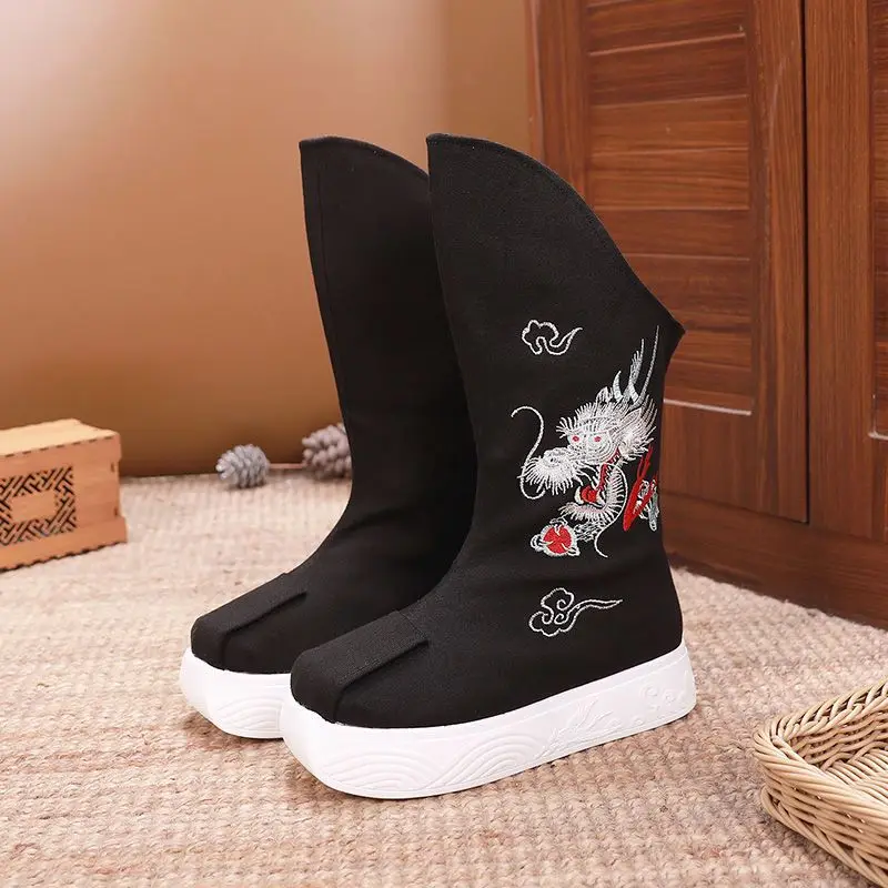 Chinese Hanfu Soap Boots Black and White Mid-Calf Boots with Crane Pattern 34-45 Chinese Traditional Riding Boots Hanfu Shoes Crane  main image 4