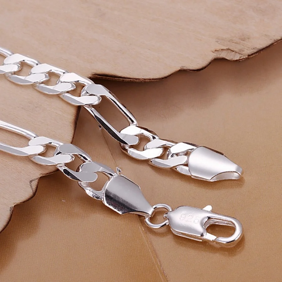 Fine 925 Sterling Silver bracelets 8mm Women Men chain wedding fashion top quality Silver Jewelry Figaro Bracelet 20cm view 4