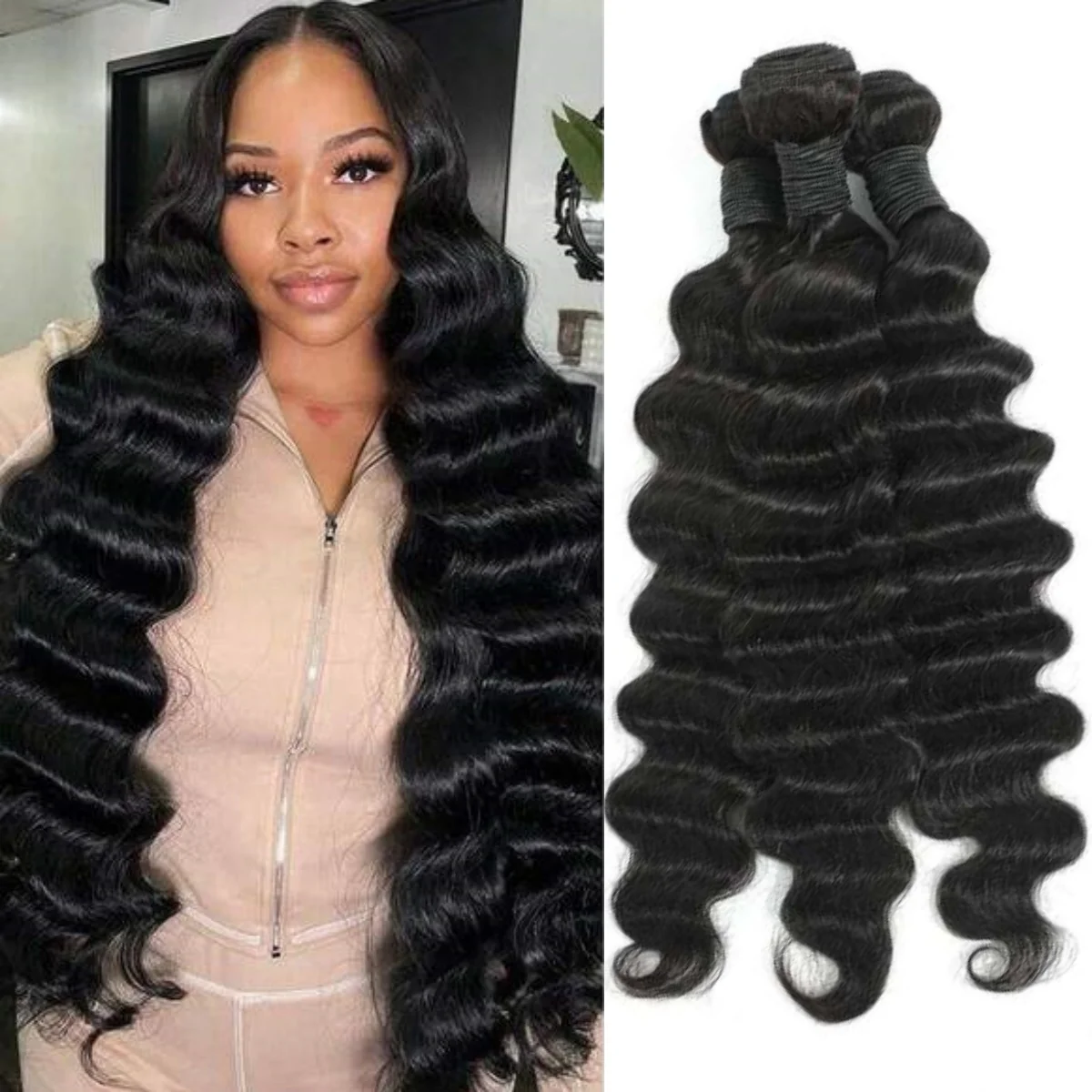 Natural Curly Bundles Human Hair 100% Unprocessed Brazilian Virgin Deep Wave Bundle Human Hair Weave Extension For Full Head 36"