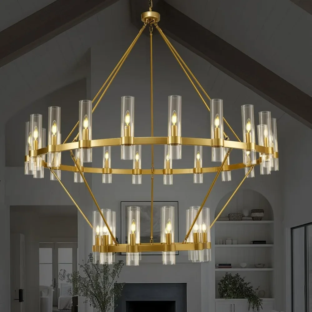 60 Inch Chandelier 2 Tier Industrial Chandelier with Glass Shade, 30-Light Large Round Chandelier Farmhouse Chandeliers for Room