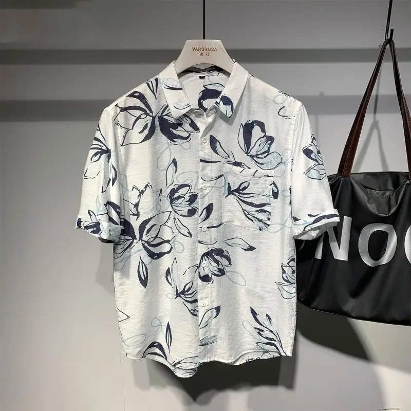 Summer Fashion Trend Chinese Style Lapel Pocket Ink Print Light and Thin Breathable Loose Casual Short Sleeved Shirt for Men