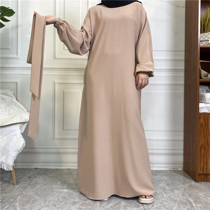 New Style Satin Stretch Cuffs Pure Color Abaya Muslim Dresses Belt Pocket Lining Casual Elegant Fashion Abaya Dress Women