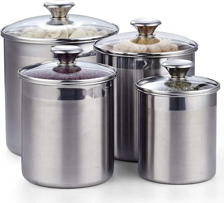 

Stainless Steel Kitchen Storage Canister Jar Hot Selling Metal with Glass Cover Food Storage Bottles