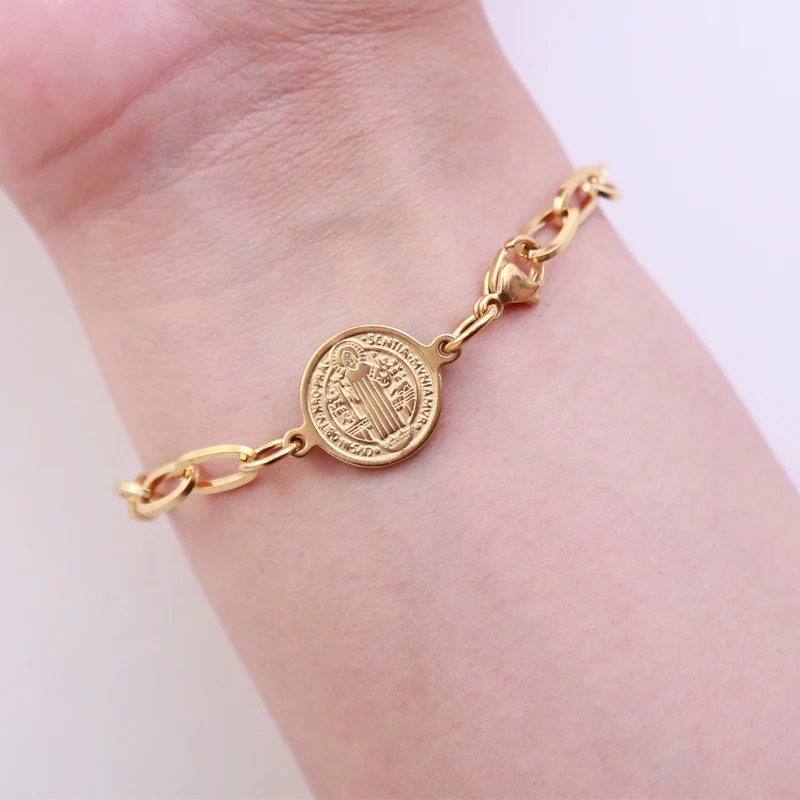 Gold Saint Benedict Bracelet Stainless Steel San Benito Bracelet For Women Metal Church St. Benedict Coin Pulseras Mujer