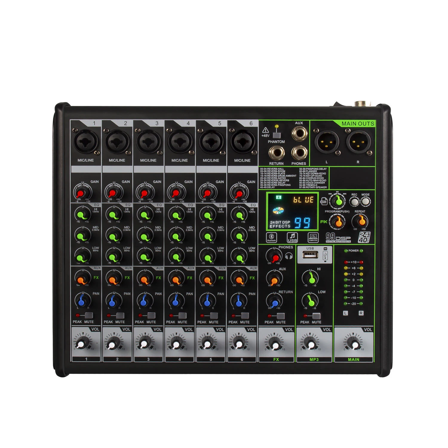 RX6-PRO USB Audio Mixer With 48V Phantom Power Stereo DJ Mixer Mute Button for Live Streaming Podcasting Studio