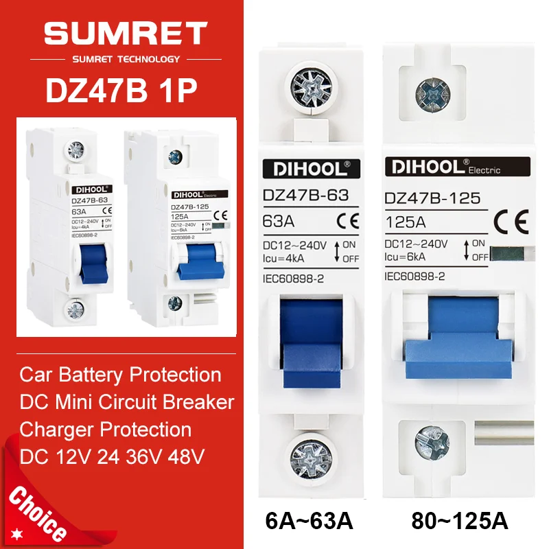 Battery Miniature Circuit Breaker DC Disconnect Switch 12V 24V 36V 48V 96V 240V Protector 10A 16A 20A 25A 32A 63A 100A 125A