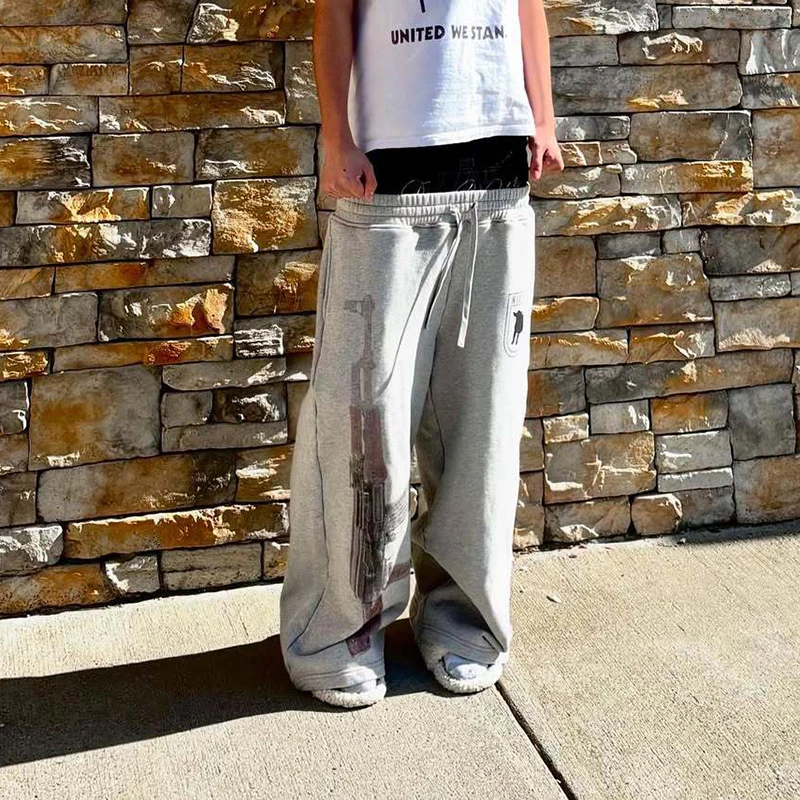 High Street Casual Pants Mens Y2K Harajuku Straight Trousers Autumn Head Double Waist Pants Personalized Printed Pattern Pants