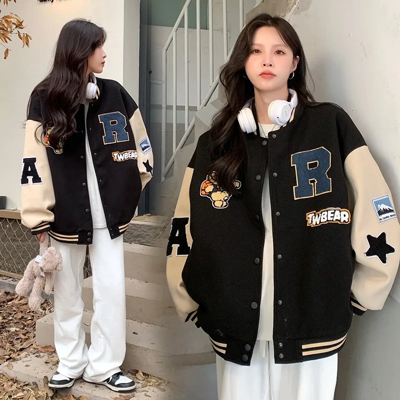 New Autumn and Winter Padded Baseball Jersey Women American Retro Loose Sweater Women Jacket