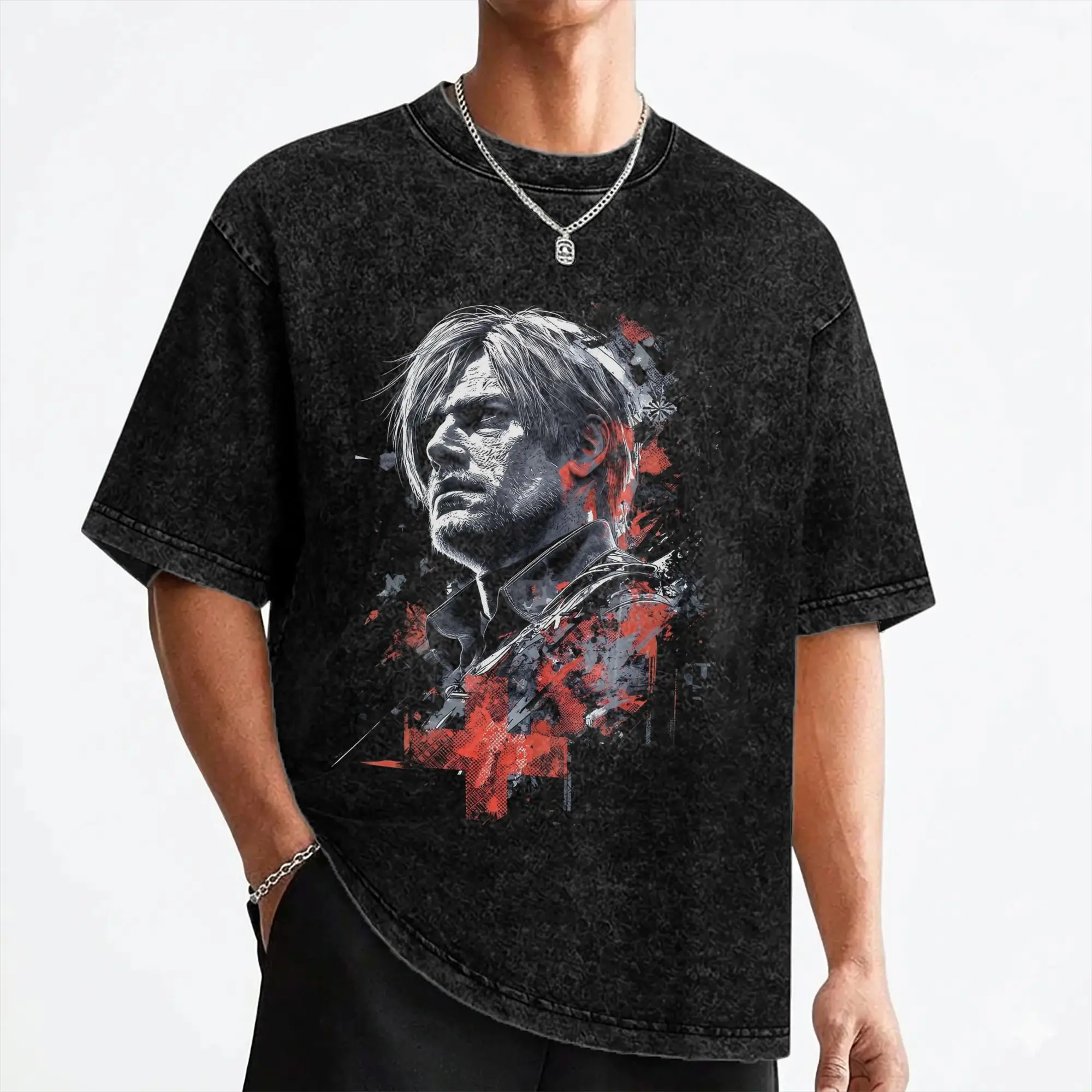 Leon S. Kennedy Washed T Shirts Streetwear Vintage T-Shirt Tee Shirt Men Women Short Sleeve Harajuku Graphic Printed