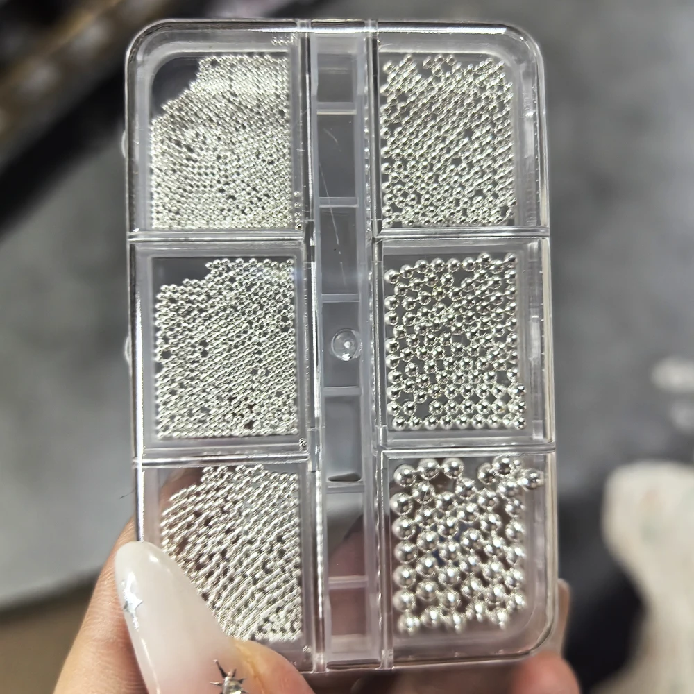 6 grades/caixa contas de metal prateado amuletos de arte de unha 0.8-1.5mm contas de caviar de bola de ferro, decorações de contas de bola redonda de aço inoxidável