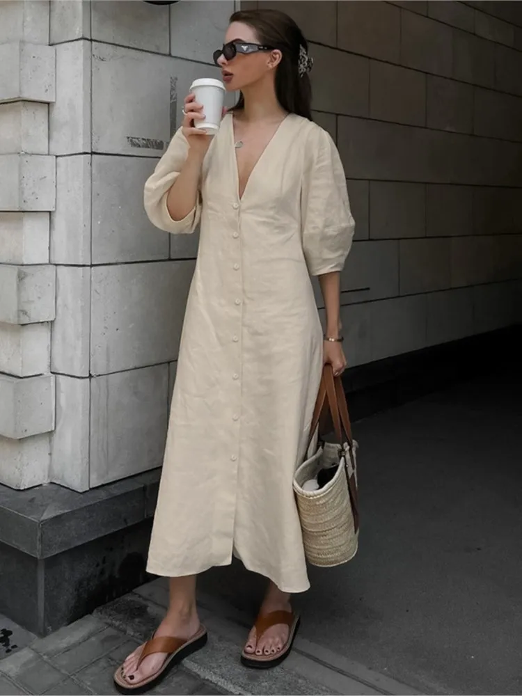 

Dresses For Woman Backless Dress Deep V-link Solid Color Vestidos Short Sleeves Leace-up Robe Simple Style Loose All-match Slim