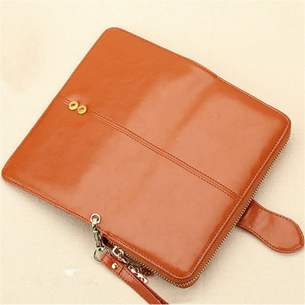 Women Long Wallet Oil Wax Leather Coin Purse Handbag Retro Large Capacity Phone Pouch Card Holder Clutch Zipper Buckle Money Bag