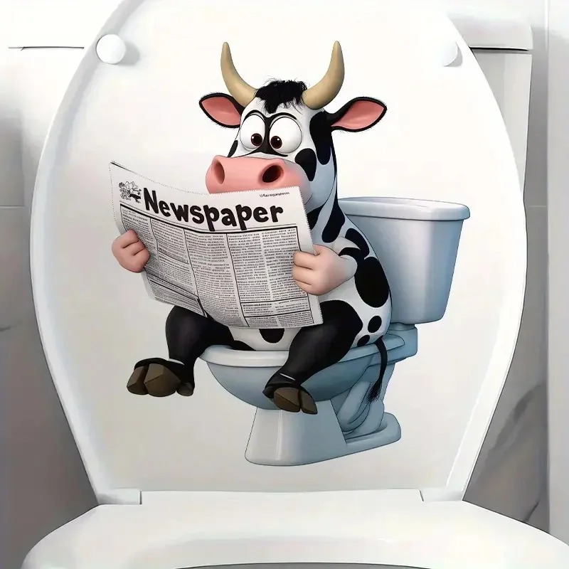 Playful Cow Reading Newspapers on Toilet Stickers Decoration for Living Room, Wall, Bedroom, Toilet and Home Decor Car Decals