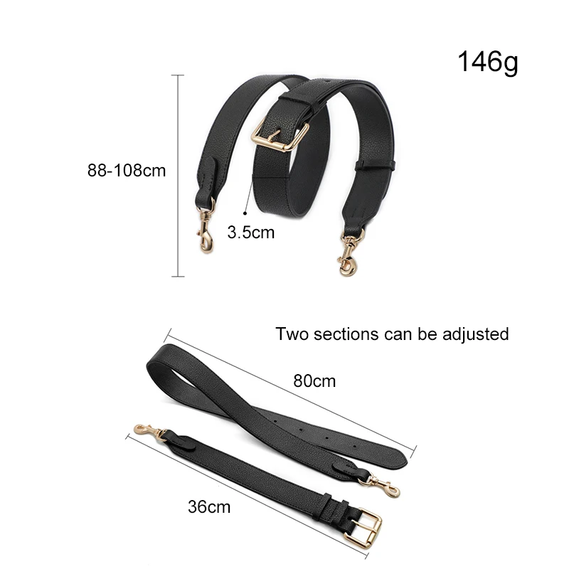 Adjustable 88-108cm Lychee Pattern Black Bag Strap DIY Handbag Belt Exquisite Thread Pressing Handcraft 35mm Wide Leather Handle