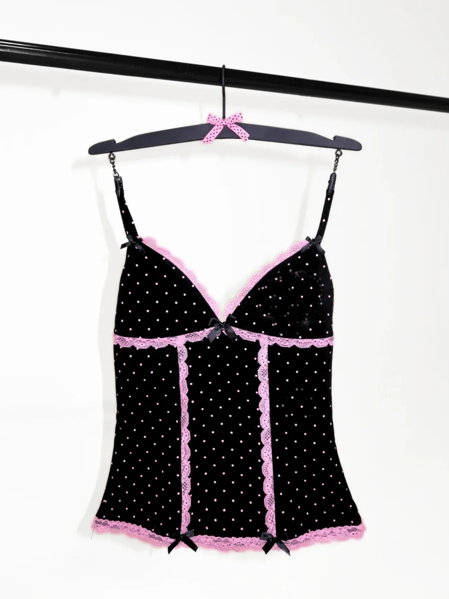 

Женские комплекты юбок в стиле Y2K Fairycore: топы на тонких бретелях с точечным принтом и кружевной отделкой, мини-юбки, комплект из 2 предметов