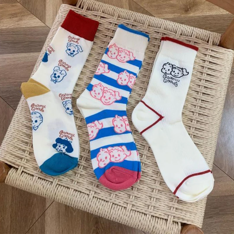 New Kawaii Miniso Cartoon Osamu Goods Cute Girl Socks Women Mid-Calf Socks Japanese Cartoon Striped Sports Stockings Breathable