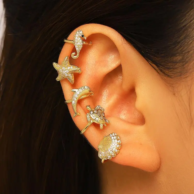 Ocean Series Micro-inlay Zircon Dolphin Starfish Sea Turtle Seahorse No Piercing Clip Earrings For Women Beach Party Jewelry