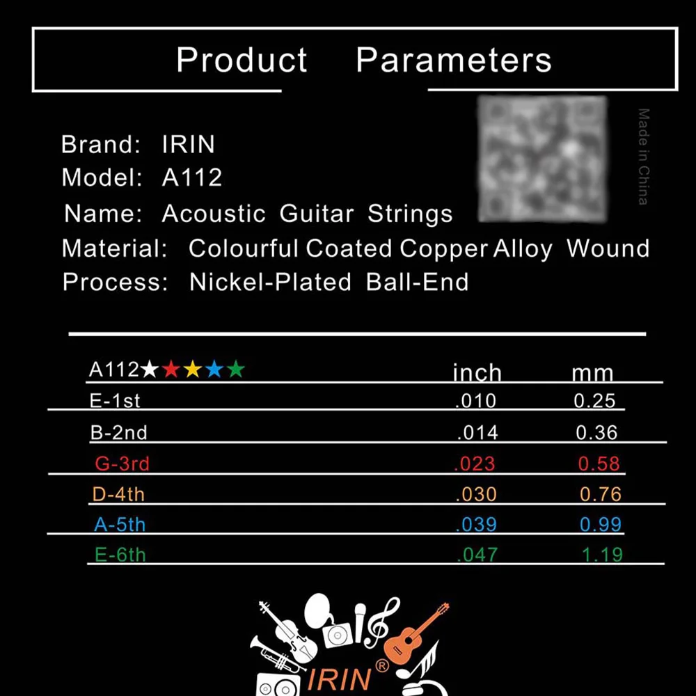 IRIN A112 Acoustic Guitar Strings Hexagonal Steel Core Colorful Guitar Strings Musical Instrument Folk Guitar Accessories&Parts