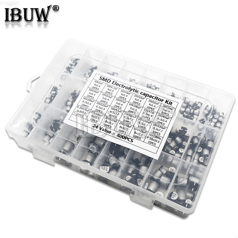 1uF~1000uF 6.3V-50V 400PCS 24Value SMD Aluminum Electrolytic Capacitors Assortment Kit + Box