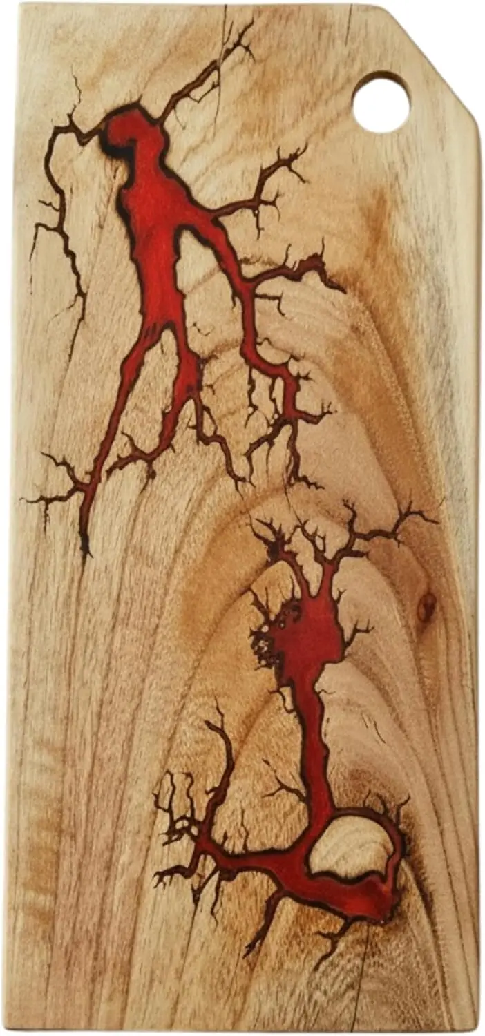 

Acacia Wood Charcuterie Board 16x8 Inch Red Fractal Burn Epoxy Resin Serving Grazing and Cutting Board