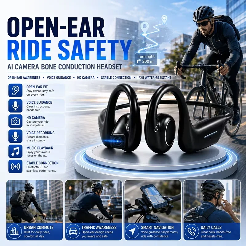 Nouveau 2026 Écouteurs avec caméra intelligente, photo 8MP, enregistrement vidéo et vocal, transfert de fichiers WiFi, appels Bluetooth, traducteur IA, casque portable