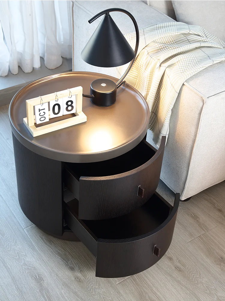 2023 New Round Nightstand Italian Minimalist Wood Small Bedside Storage Living Room Baking Paint Simple 2 Layer Cabinet Bedroom