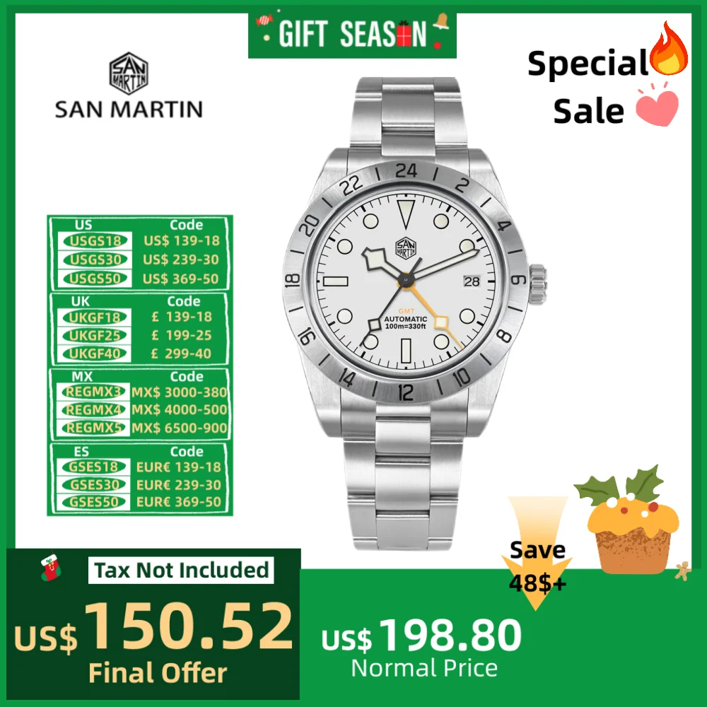 San Martin 39mm BB GMT Watch NH34 Automatic Wristwatch Man Date BGW-X1 Luminous Montre Homme Waterproof 10Bar Sapphire SN0054E