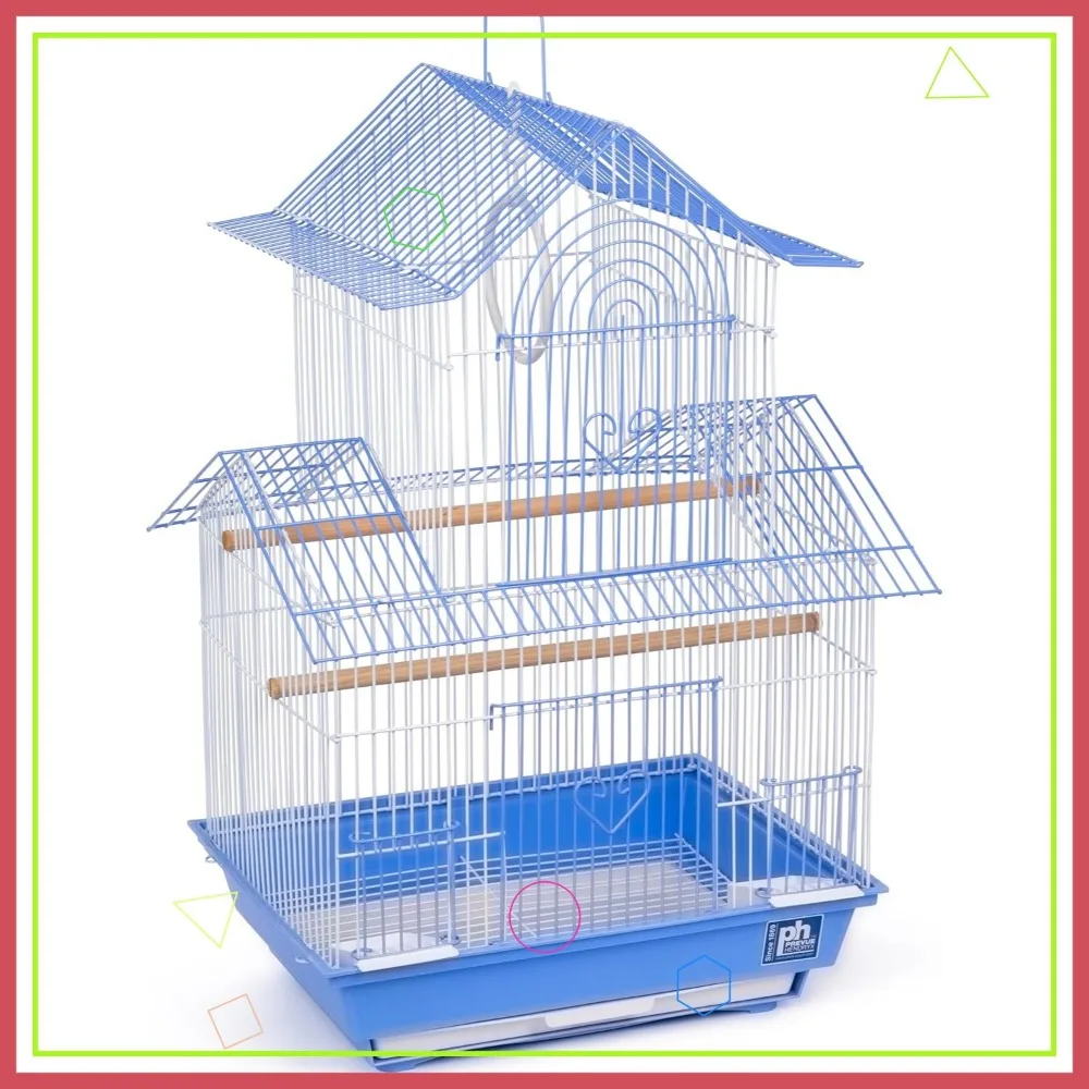 

Blue and White Parakeet Cage with Swing, Perches, and Removable Tray for Small Birds