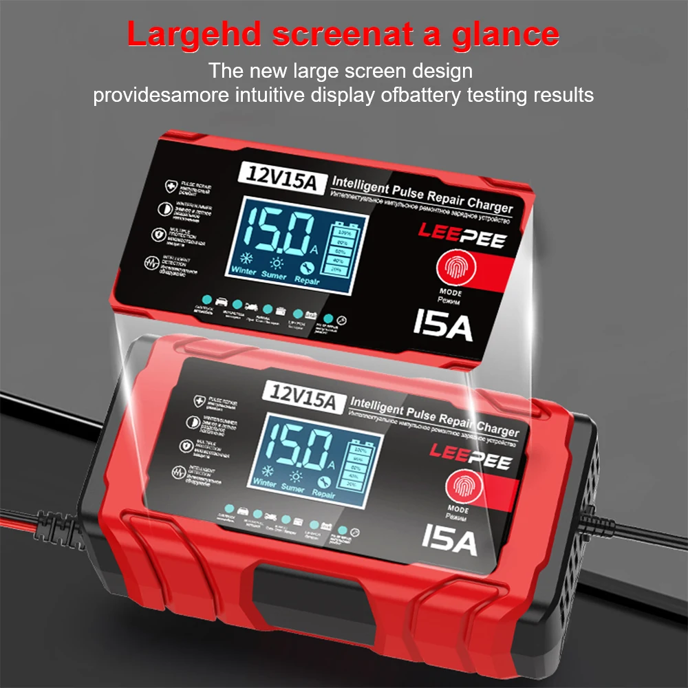 Maintenance Car Motorcycle Battery Charging Multifunctional Intelligent Pulse Repair Lead-Acid Smart Battery Charger 12V 15A 12A