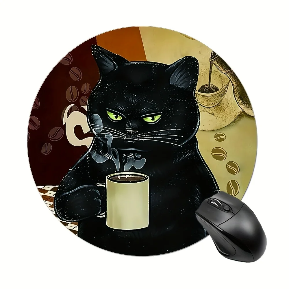 Black Cat Coffee Round Mouse Pad Non-Slip Rubber Gaming Office Perfect for Desktop Laptop Computers Home Workspace Accessory