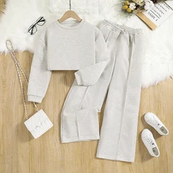 2PCS Spring and Autumn Girls Children's Simple Solid Color Polyester Hoodless Sweatshirt + Casual Loose Straight Leg Pants 8-12Y
