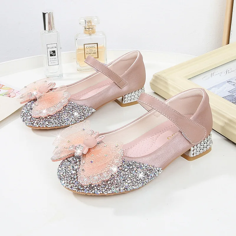 

New children's rhinestone high heels with bows girls party performance single shoes kids dress shoes soft-soled school students