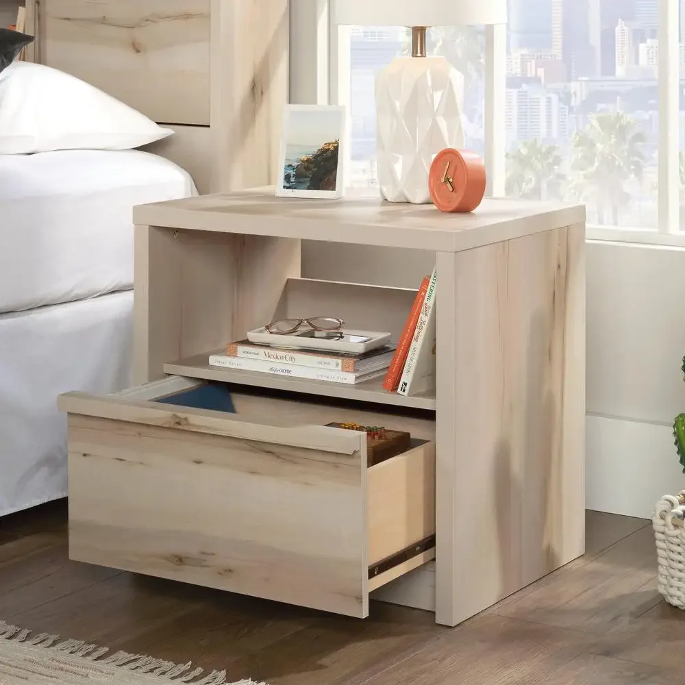 Minimalist 1-Drawer Nightstand Harvey Park Collection Pacific Maple Finish Metal Runners T-lock Assembly Open Shelf Storage