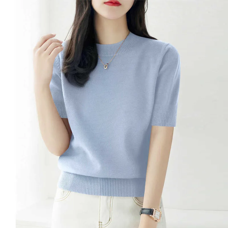 

Knitwears New O-Neck Black Knitted Sweater Women Pullovers Short Sleeve Knit Sweater Pullover Women Tops Sueters De Mujer Q3104