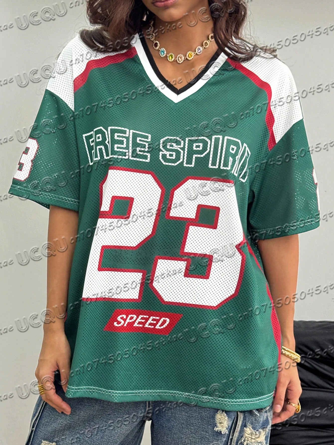 

Summer Women'S Breathable Mesh Jersey T-Shirt V-Neck Loose&Sexy Versatile Short Sleeved Fashionable Streetwear Y2k Casual Top