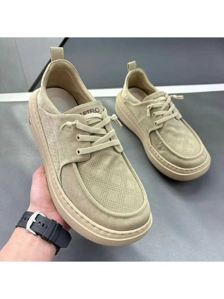 Zapatos Hombre Khaki Summer New Lightweight Thick Bottom Casual Shoes Breathable Rubber Sole Easy To Wear Slip On Lazy Person Cowhide Leather Shoes