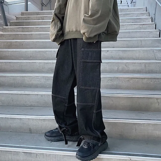 Męskie jeansy cargo na jesień 2025, szerokie nogawki, luźne spodnie dżinsowe, proste, baggy, męskie jeansy hip-hopowe, streetwear, neutralne spodnie dżinsowe.